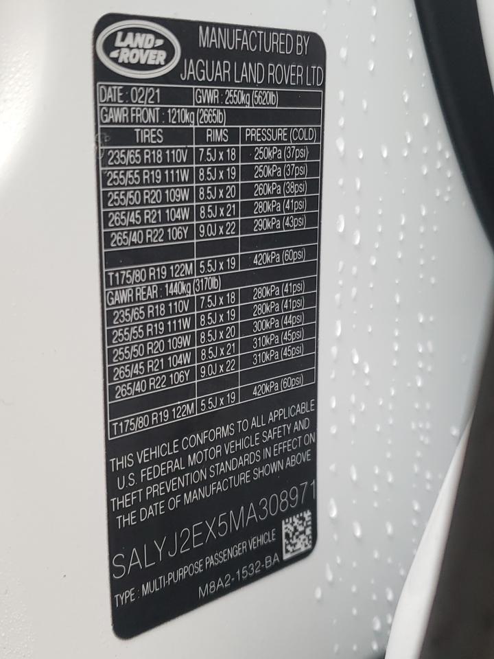 Photo 10 from auction – 2021 LAND ROVER RANGE ROVE with VIN SALYJ2EX5MA308971