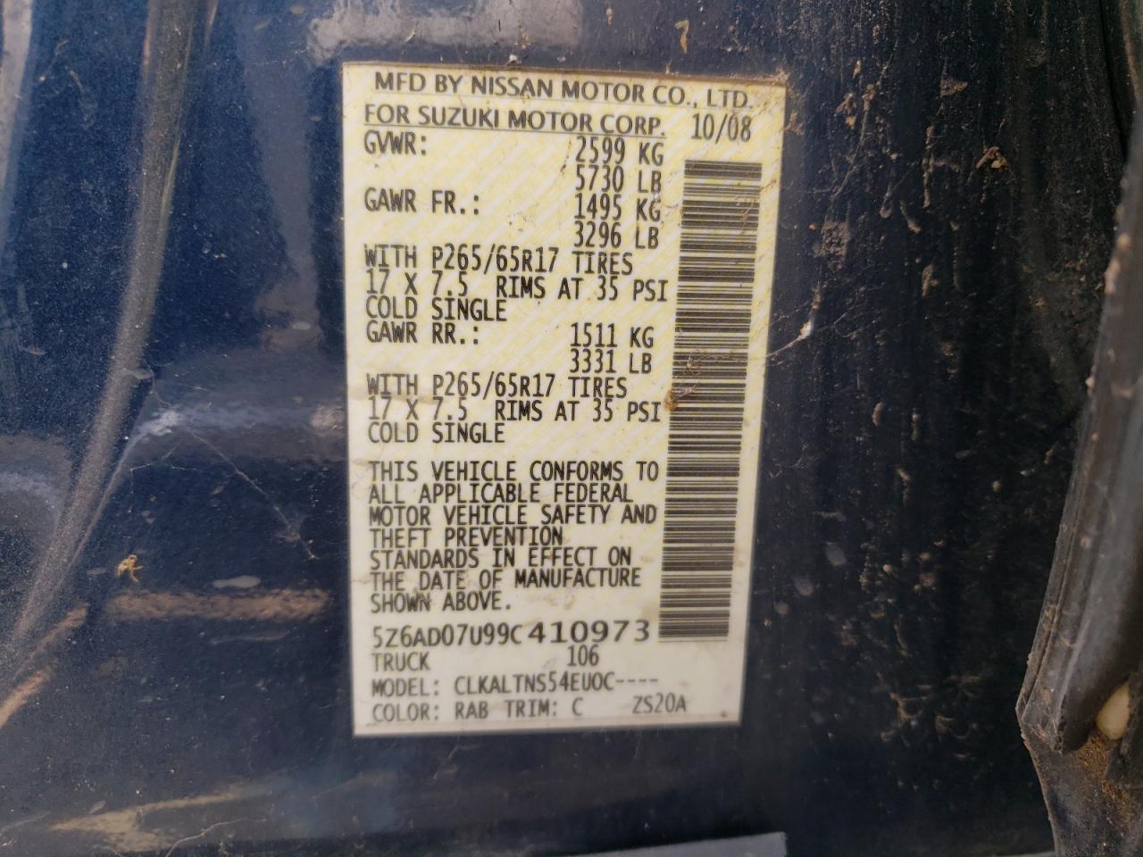 Photo 10 from auction – 2009 SUZUKI EQUATOR BA with VIN 5Z6AD07U99C410973