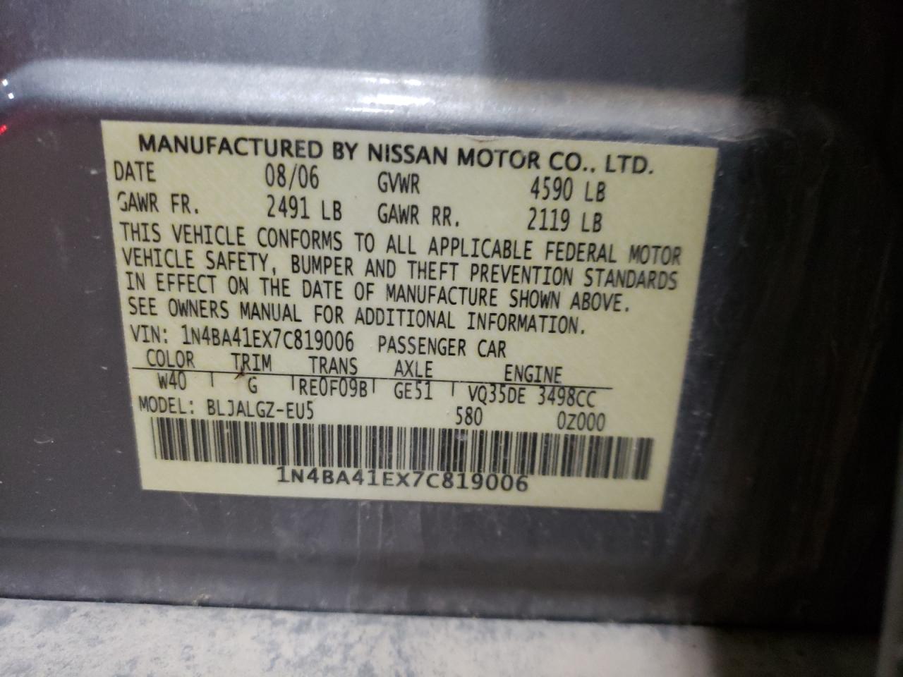 Photo 10 from auction – 2007 NISSAN MAXIMA SE with VIN 1N4BA41EX7C819006
