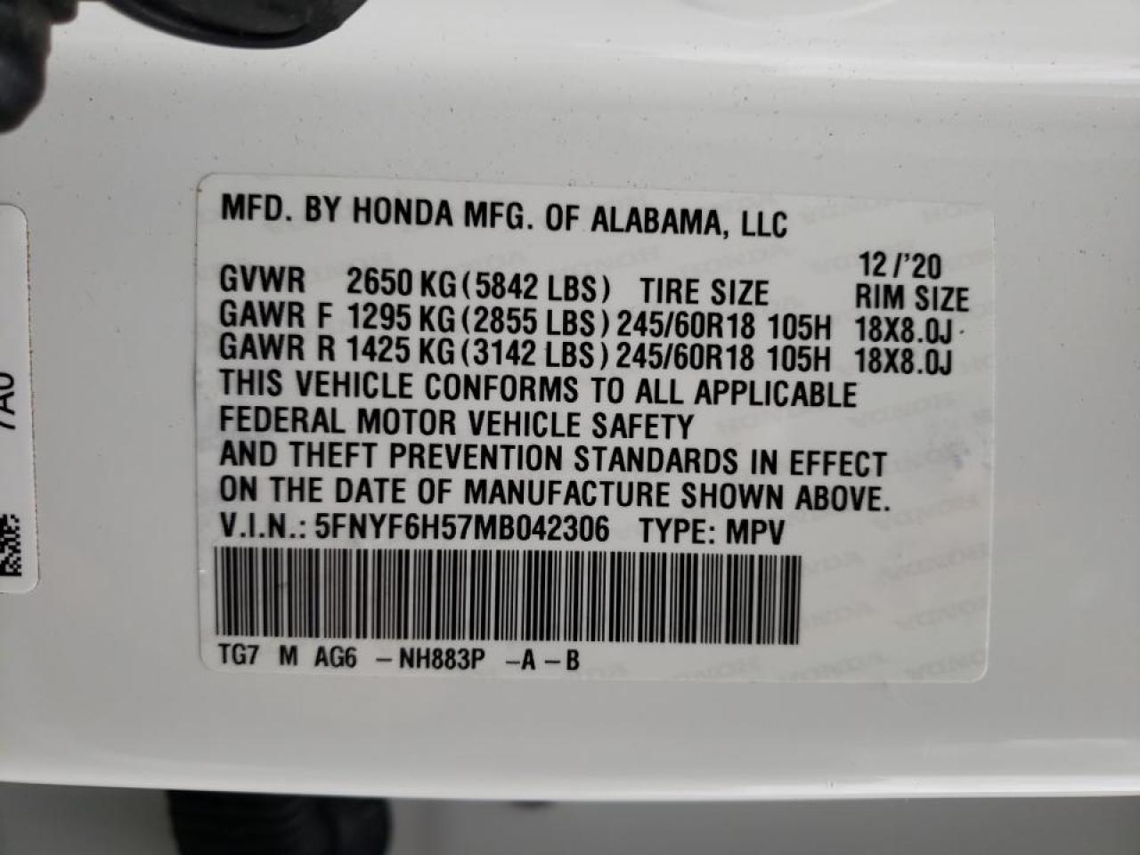 Photo 10 from auction – 2021 HONDA PILOT EXL with VIN 5FNYF6H57MB042306