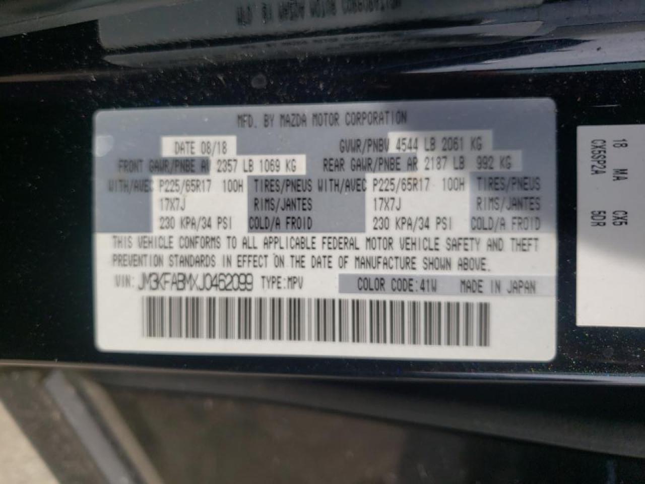Photo 10 from auction – 2018 MAZDA CX-5 SPORT with VIN JM3KFABMXJ0462099