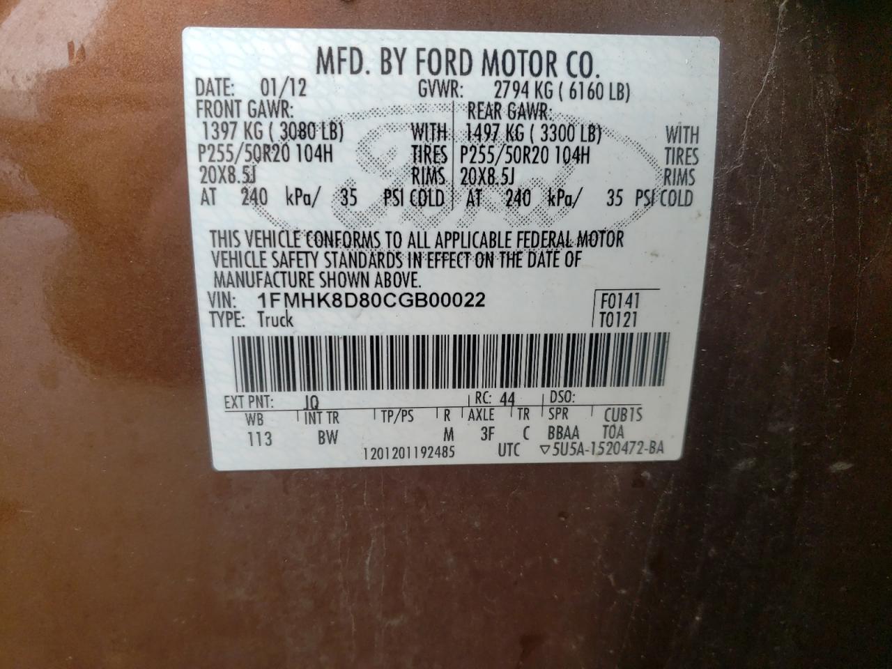 Photo 10 from auction – 2012 FORD EXPLORER X with VIN 1FMHK8D80CGB00022