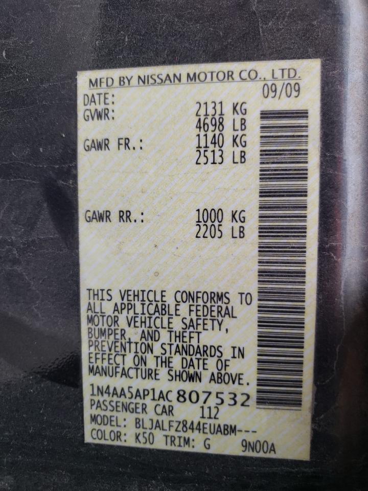 Photo 10 from auction – 2010 NISSAN MAXIMA S with VIN 1N4AA5AP1AC807532