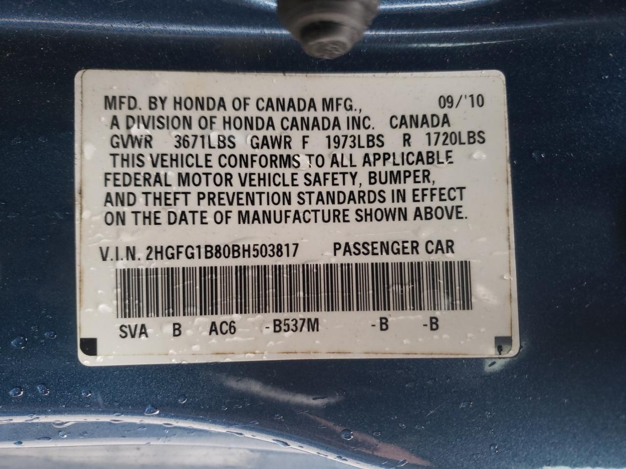 Photo 10 from auction – 2011 HONDA CIVIC EX with VIN 2HGFG1B80BH503817