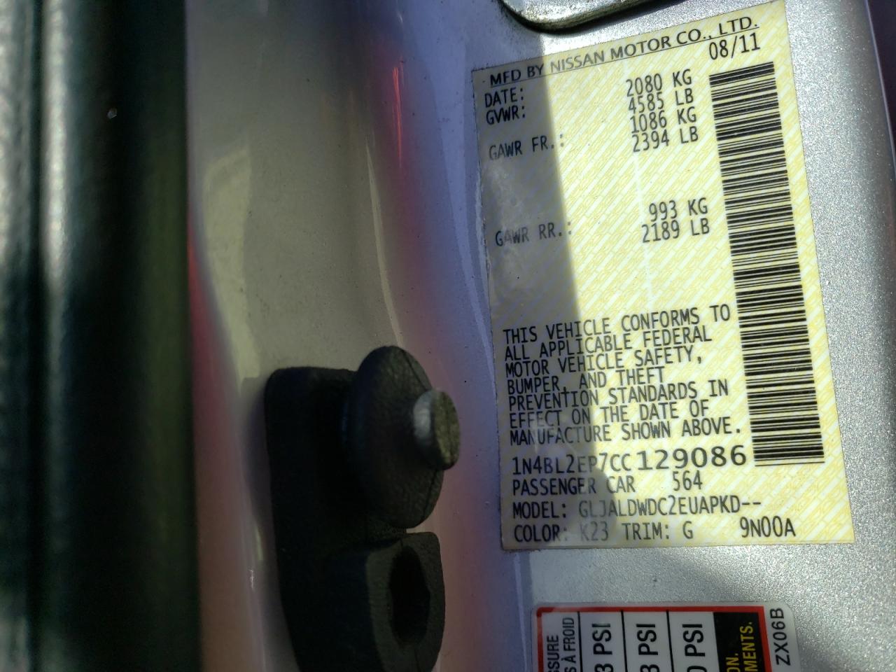 Photo 10 from auction – 2012 NISSAN ALTIMA SR with VIN 1N4BL2EP7CC129086
