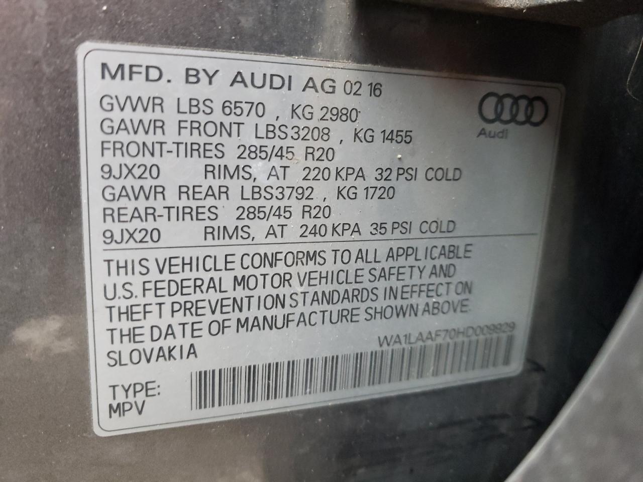 Photo 10 from auction – 2017 AUDI Q7 PREMIUM with VIN WA1LAAF70HD009929