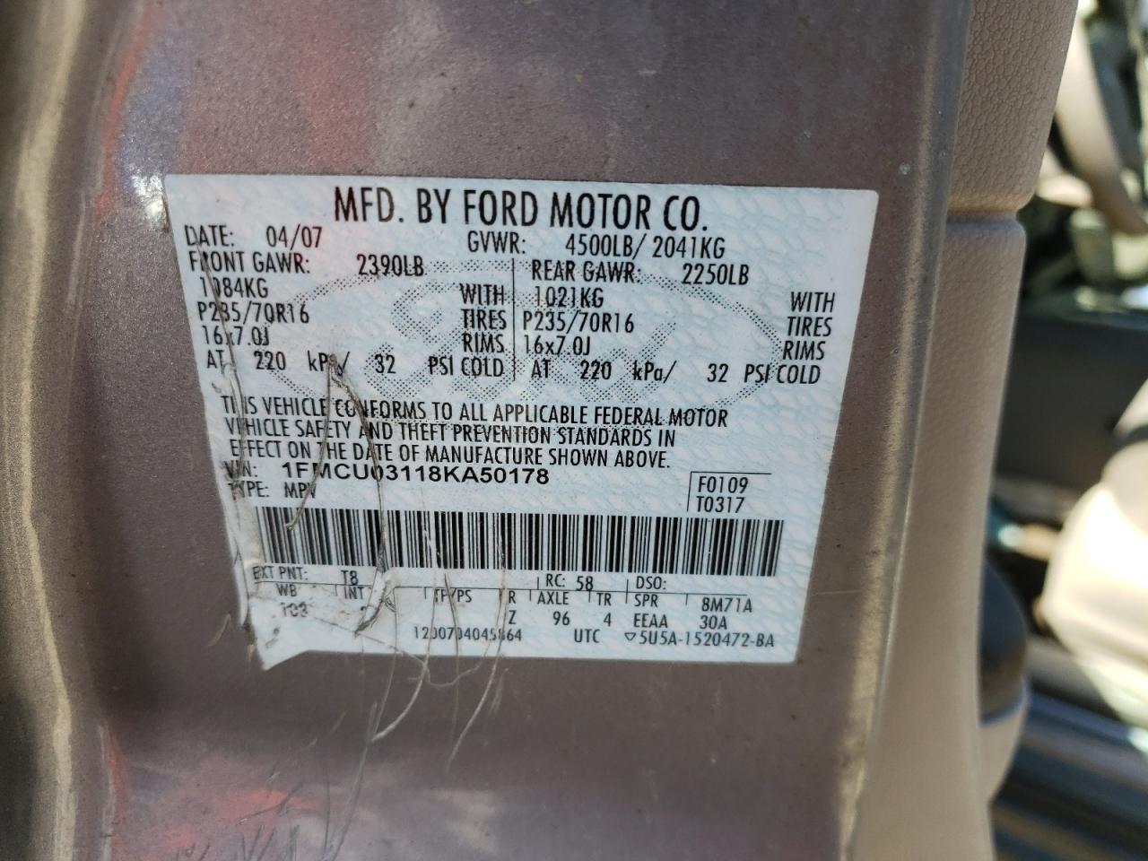 Photo 10 from auction – 2008 FORD ESCAPE XLT with VIN 1FMCU03118KA50178