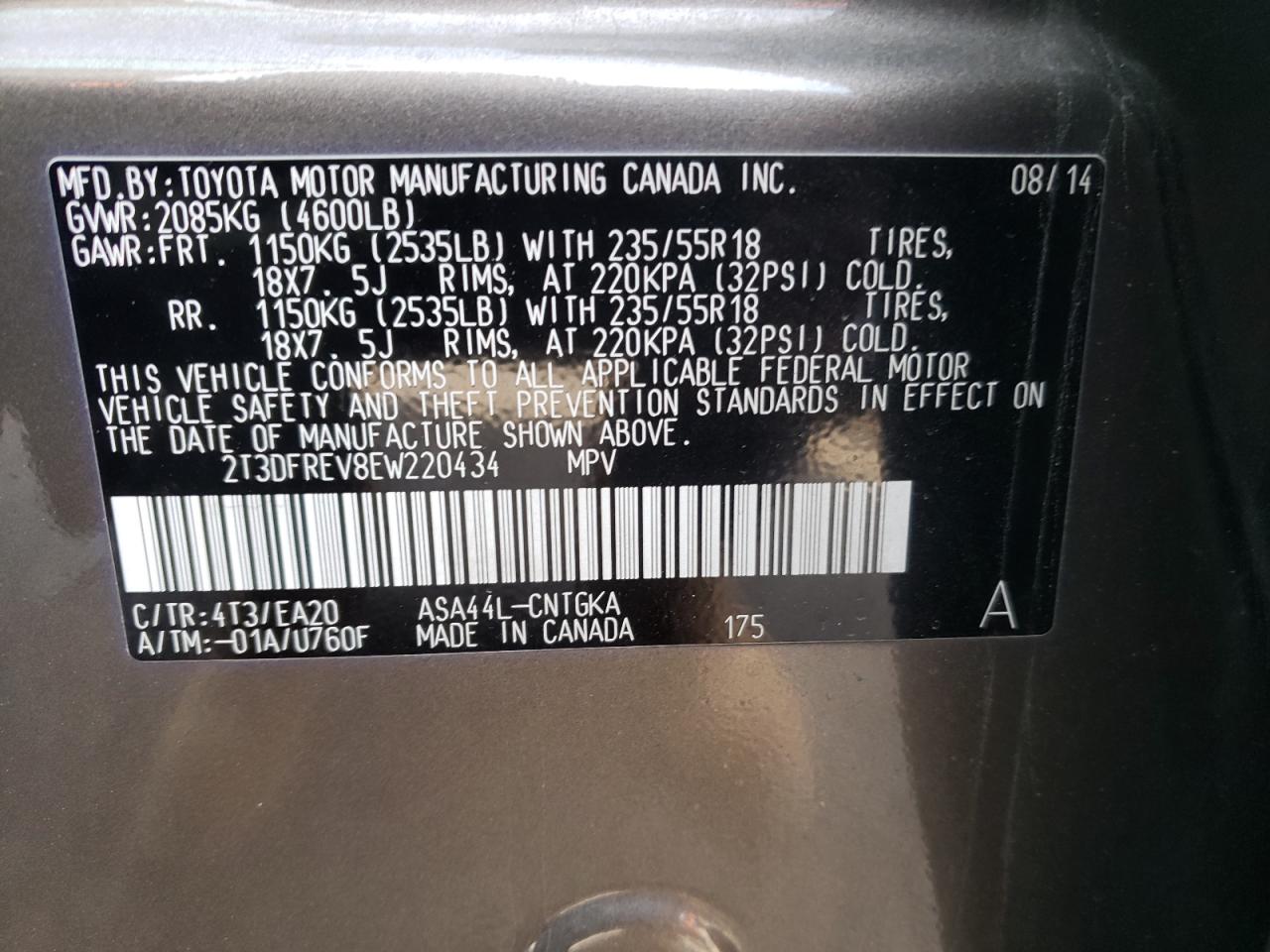 Photo 10 from auction – 2014 TOYOTA RAV4 LIMIT with VIN 2T3DFREV8EW220434