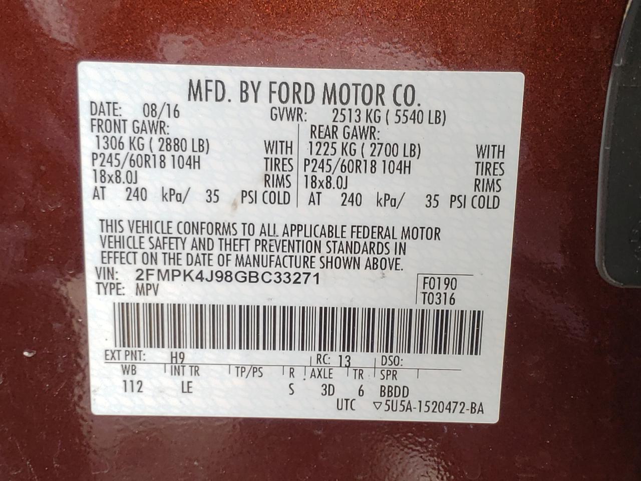 Photo 10 from auction – 2016 FORD EDGE SEL with VIN 2FMPK4J98GBC33271