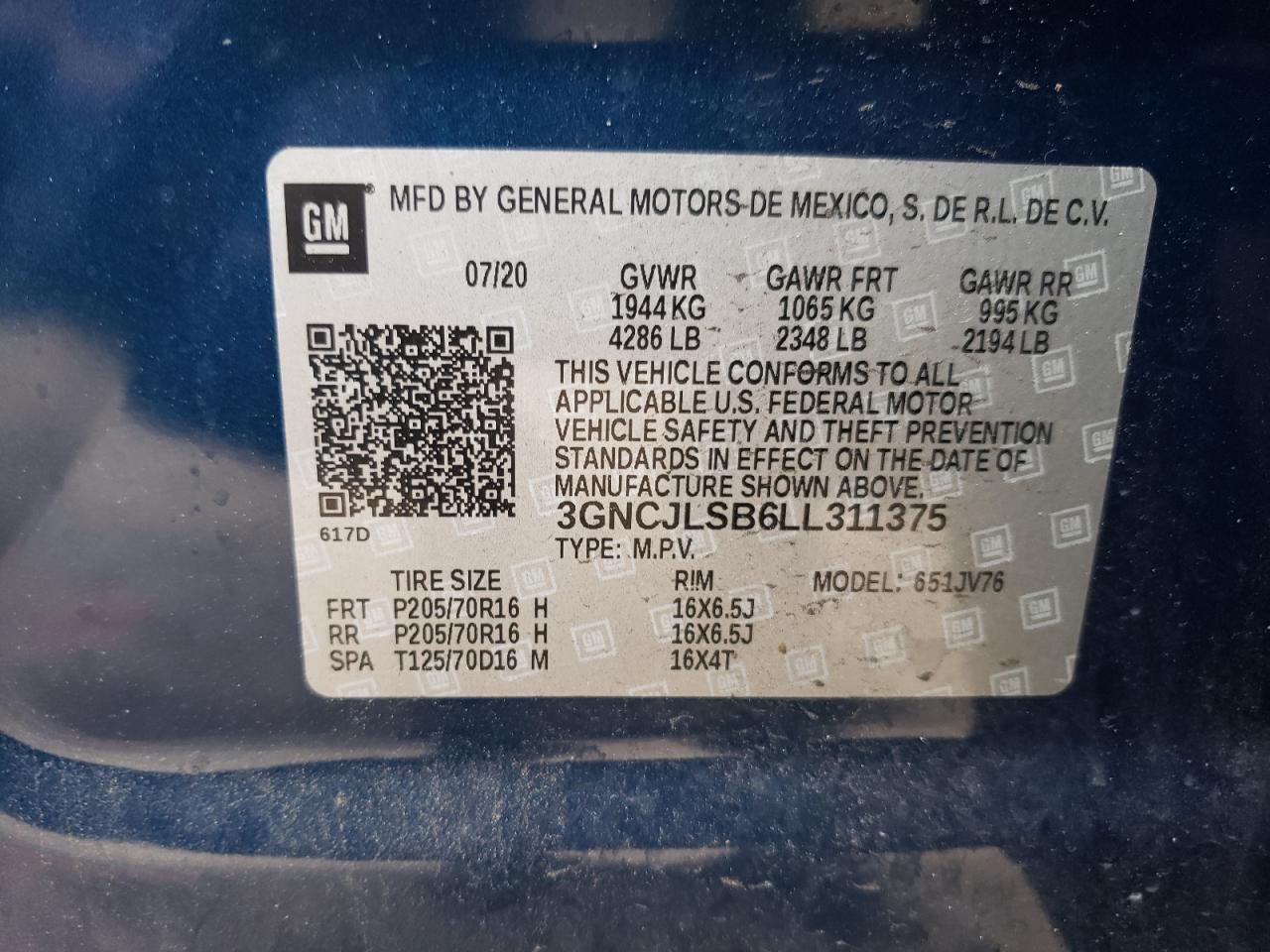 Photo 10 from auction – 2020 CHEVROLET TRAX 1LT with VIN 3GNCJLSB6LL311375