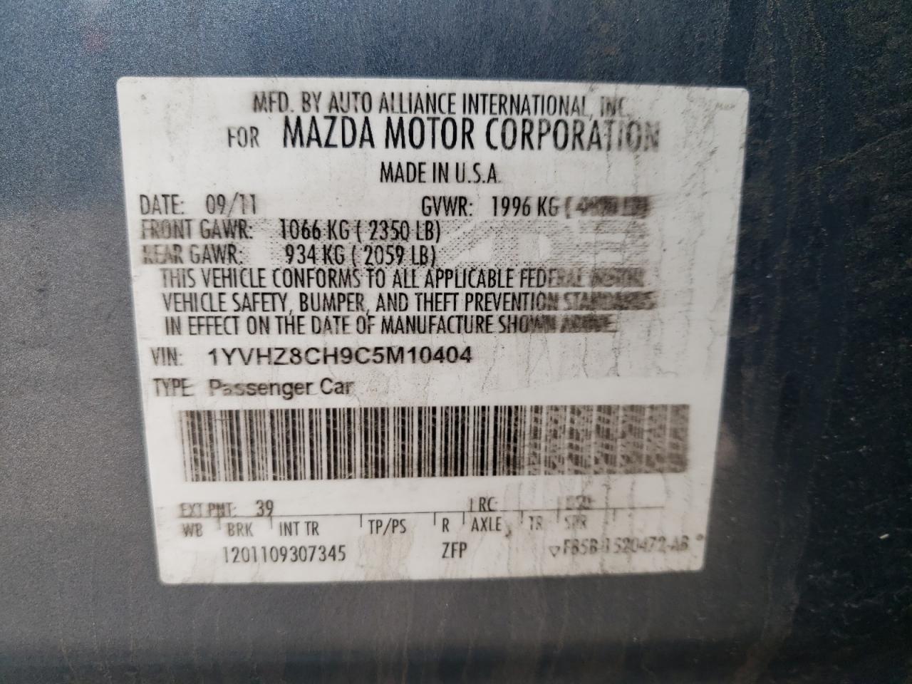 Photo 10 from auction – 2012 MAZDA 6 I with VIN 1YVHZ8CH9C5M10404