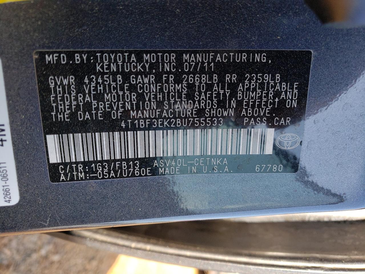 Photo 10 from auction – 2011 TOYOTA CAMRY BASE with VIN 4T1BF3EK2BU755533