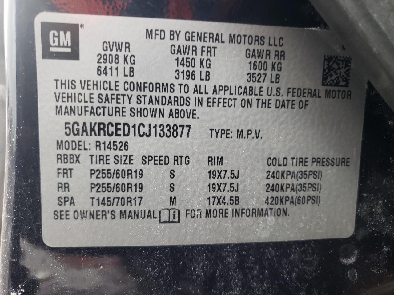 Photo 10 from auction – 2012 BUICK ENCLAVE with VIN 5GAKRCED1CJ133877