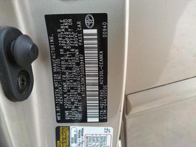 Photo 10 from auction – 2005 TOYOTA CAMRY LE with VIN 4T1BE30K75U099487