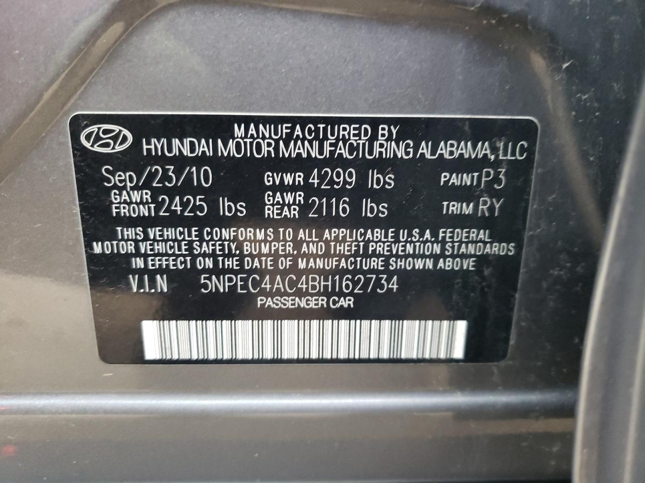 Photo 10 from auction – 2011 HYUNDAI SONATA SE with VIN 5NPEC4AC4BH162734