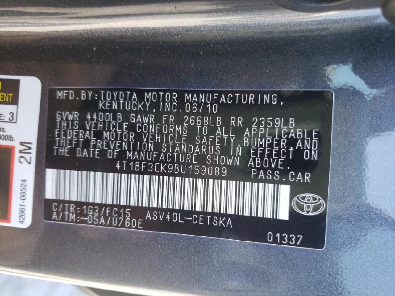 Photo 10 from auction – 2011 TOYOTA CAMRY BASE with VIN 4T1BF3EK9BU159089