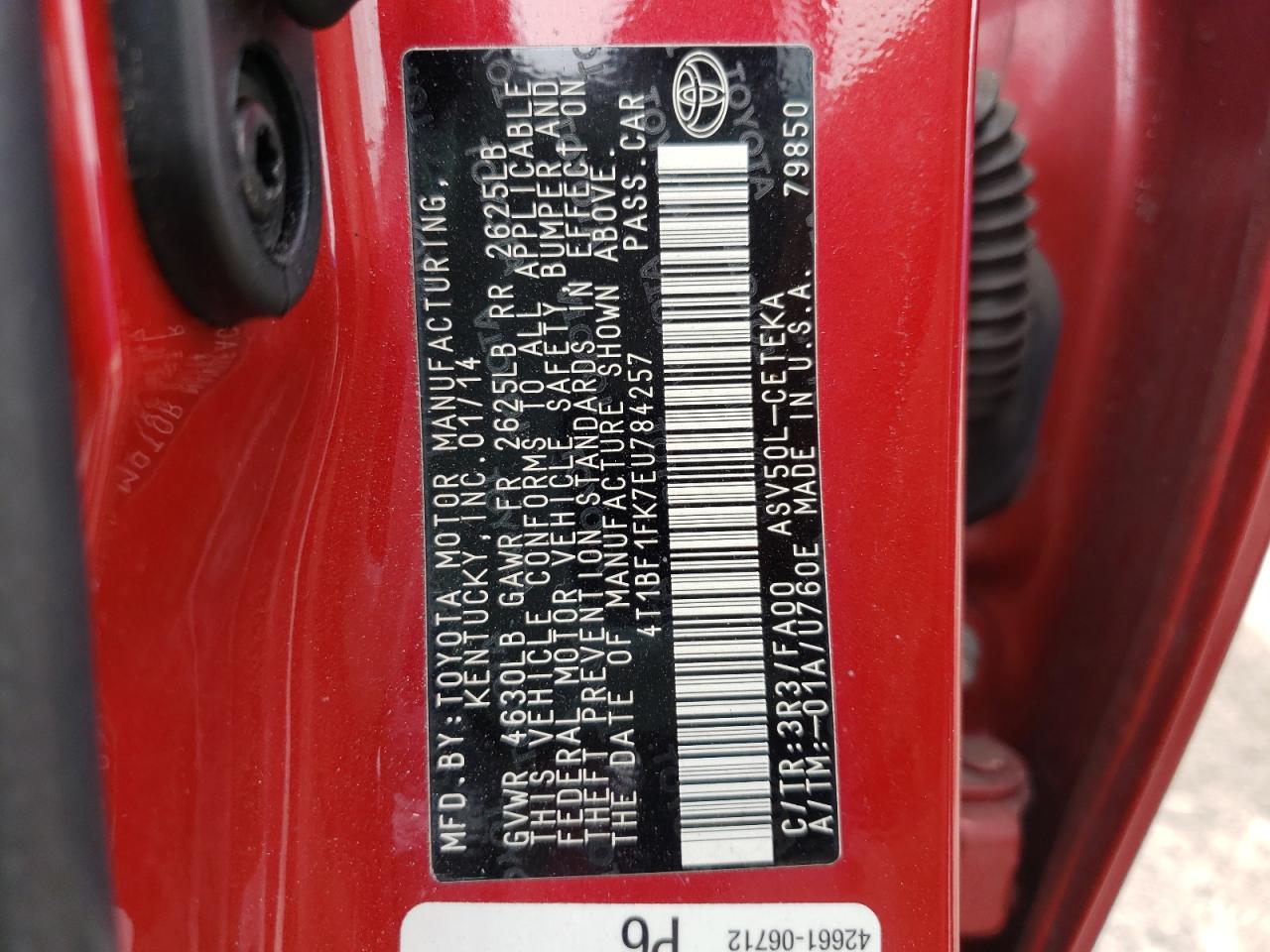 Photo 10 from auction – 2014 TOYOTA CAMRY L with VIN 4T1BF1FK7EU784257