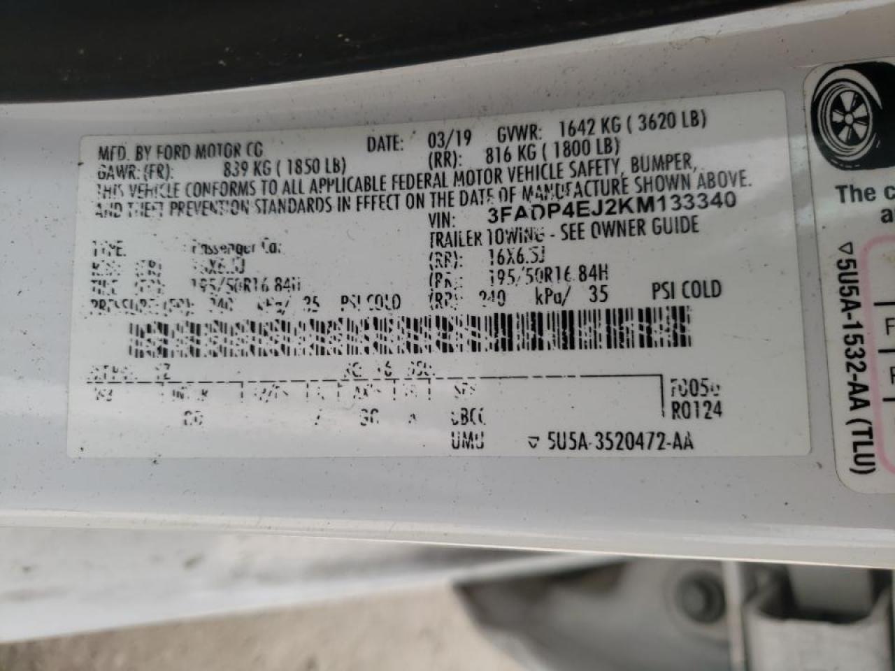 Photo 10 from auction – 2019 FORD FIESTA SE with VIN 3FADP4EJ2KM133340