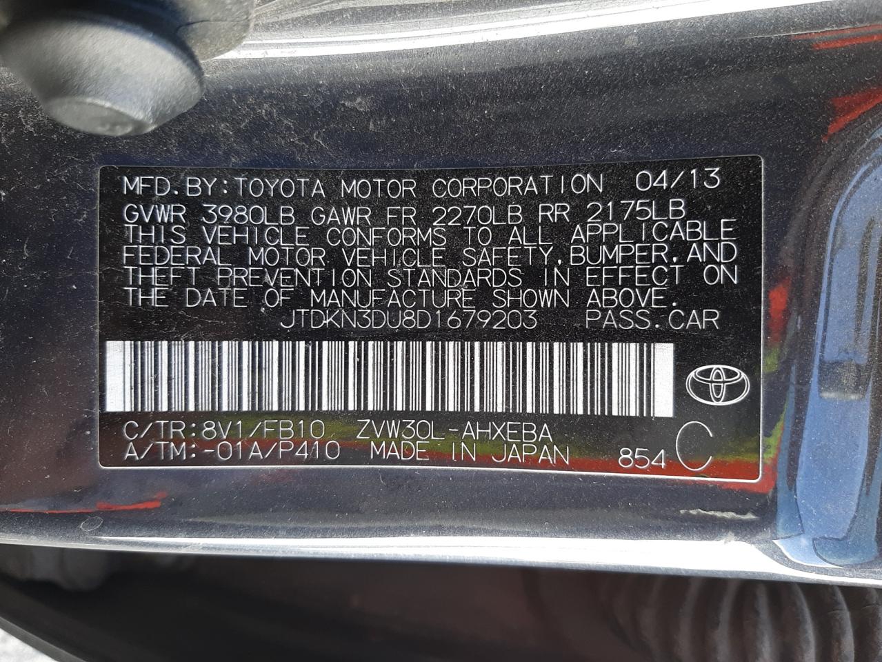 Photo 10 from auction – 2013 TOYOTA PRIUS with VIN JTDKN3DU8D1679203
