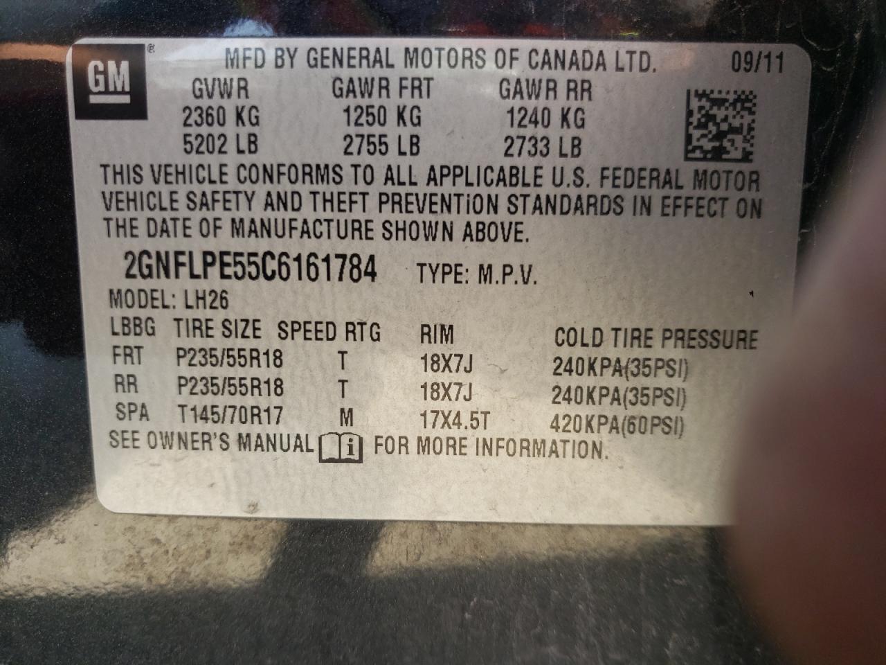 Photo 10 from auction – 2012 CHEVROLET EQUINOX LT with VIN 2GNFLPE55C6161784