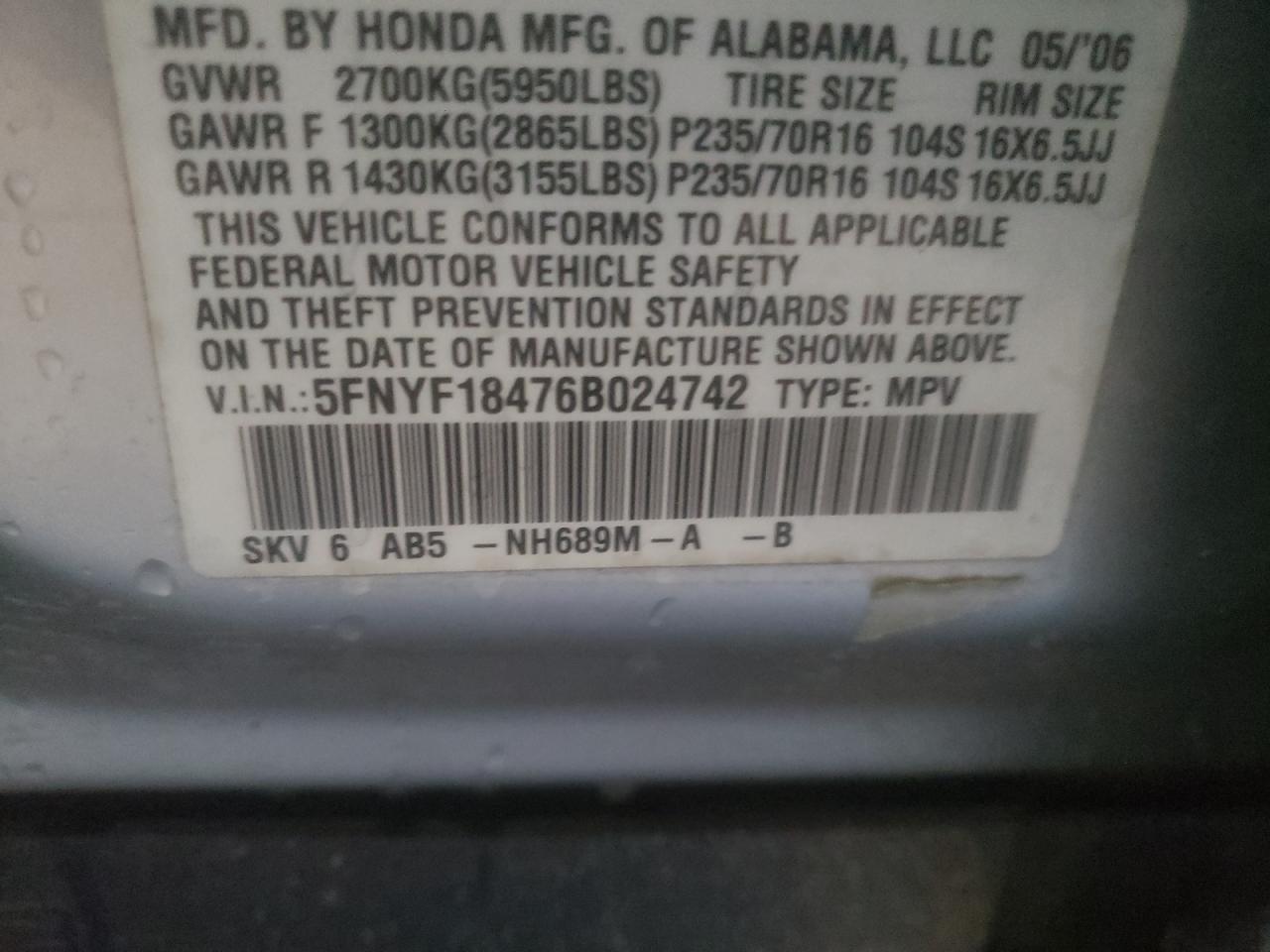 Photo 10 from auction – 2006 HONDA PILOT EX with VIN 5FNYF18476B024742