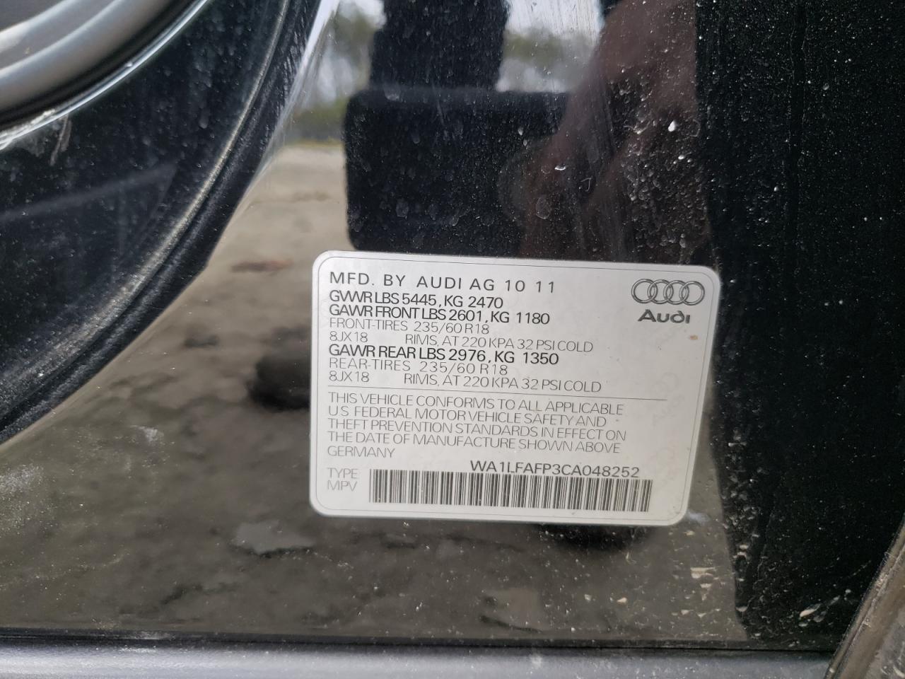 Photo 10 from auction – 2012 AUDI Q5 PREMIUM with VIN WA1LFAFP3CA048252