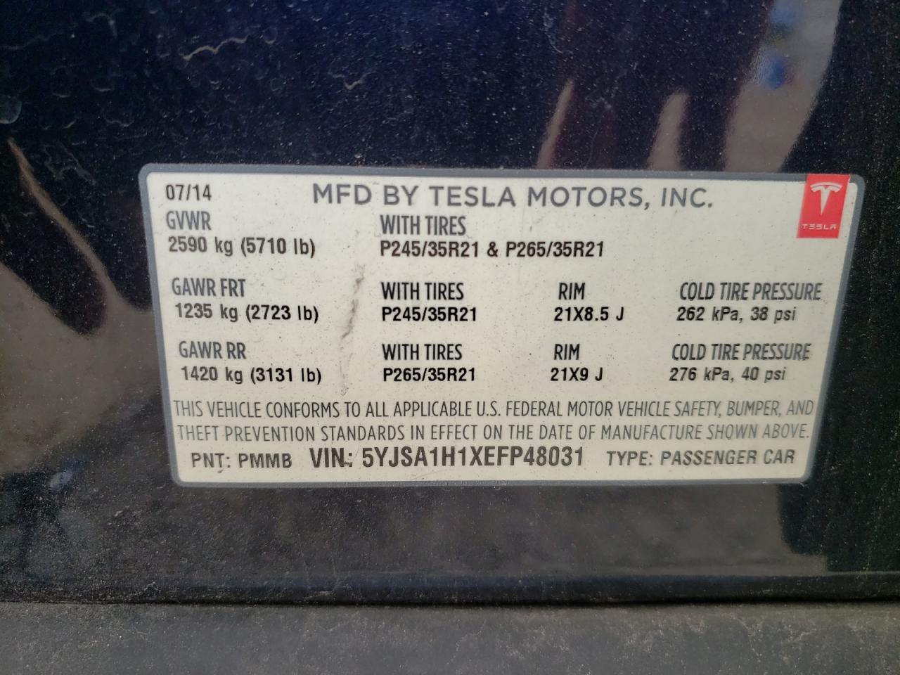 Photo 10 from auction – 2014 TESLA MODEL S with VIN 5YJSA1H1XEFP48031