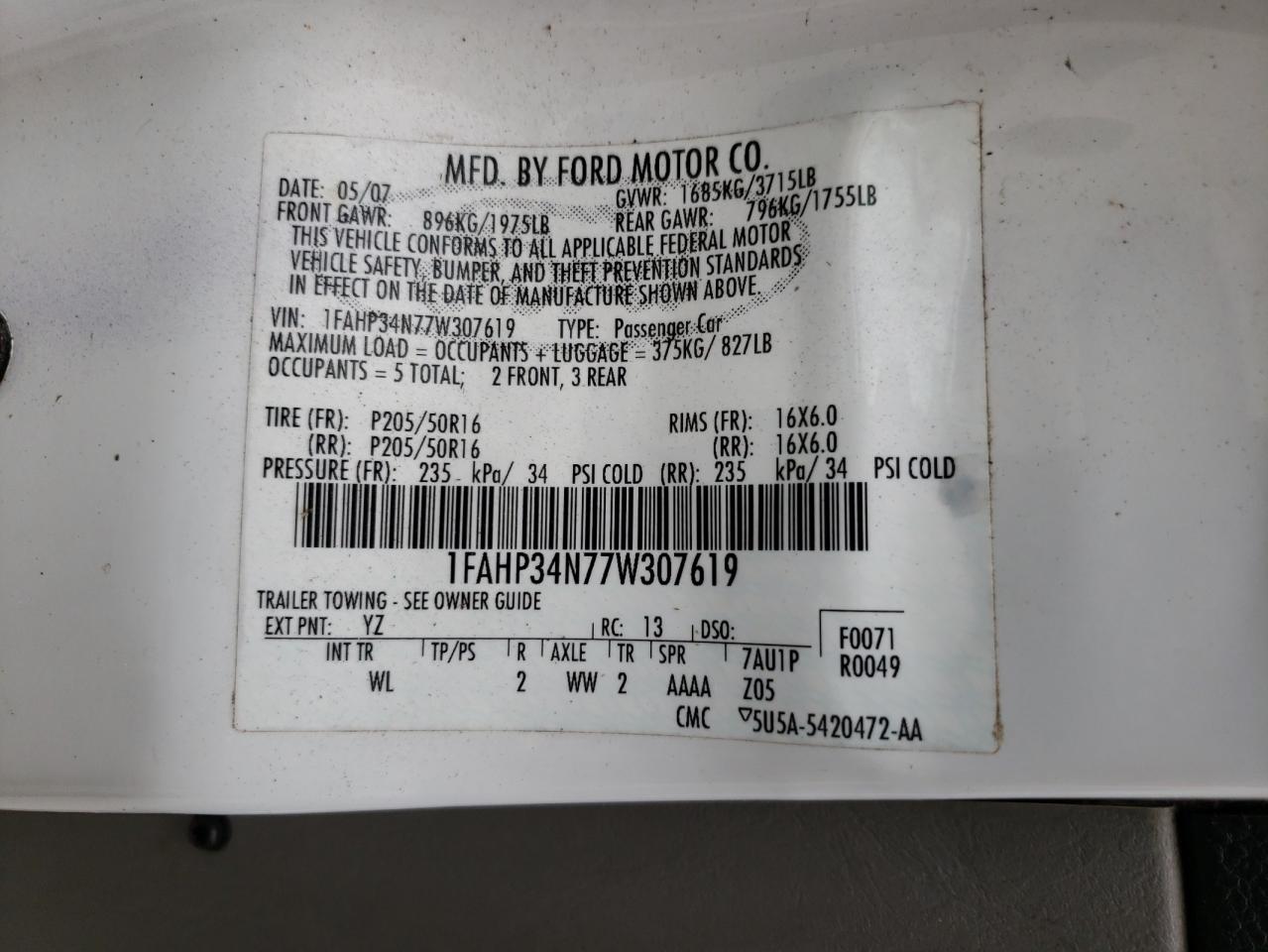 Photo 10 from auction – 2007 FORD FOCUS ZX4 with VIN 1FAHP34N77W307619