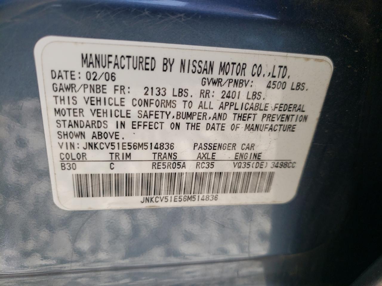 Photo 10 from auction – 2006 INFINITI G35 with VIN JNKCV51E56M514836