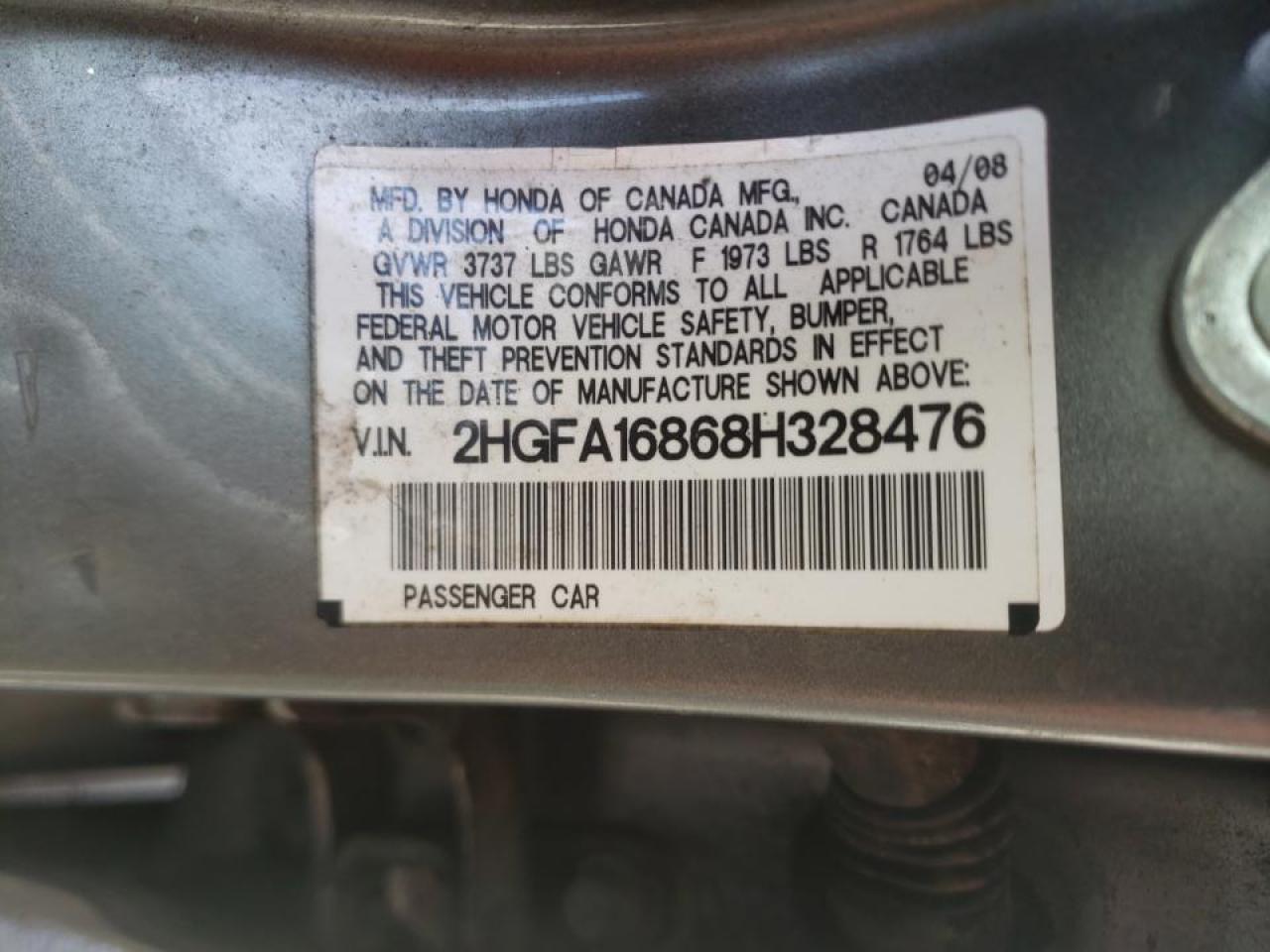 Photo 10 from auction – 2008 HONDA CIVIC EX with VIN 2HGFA16868H328476