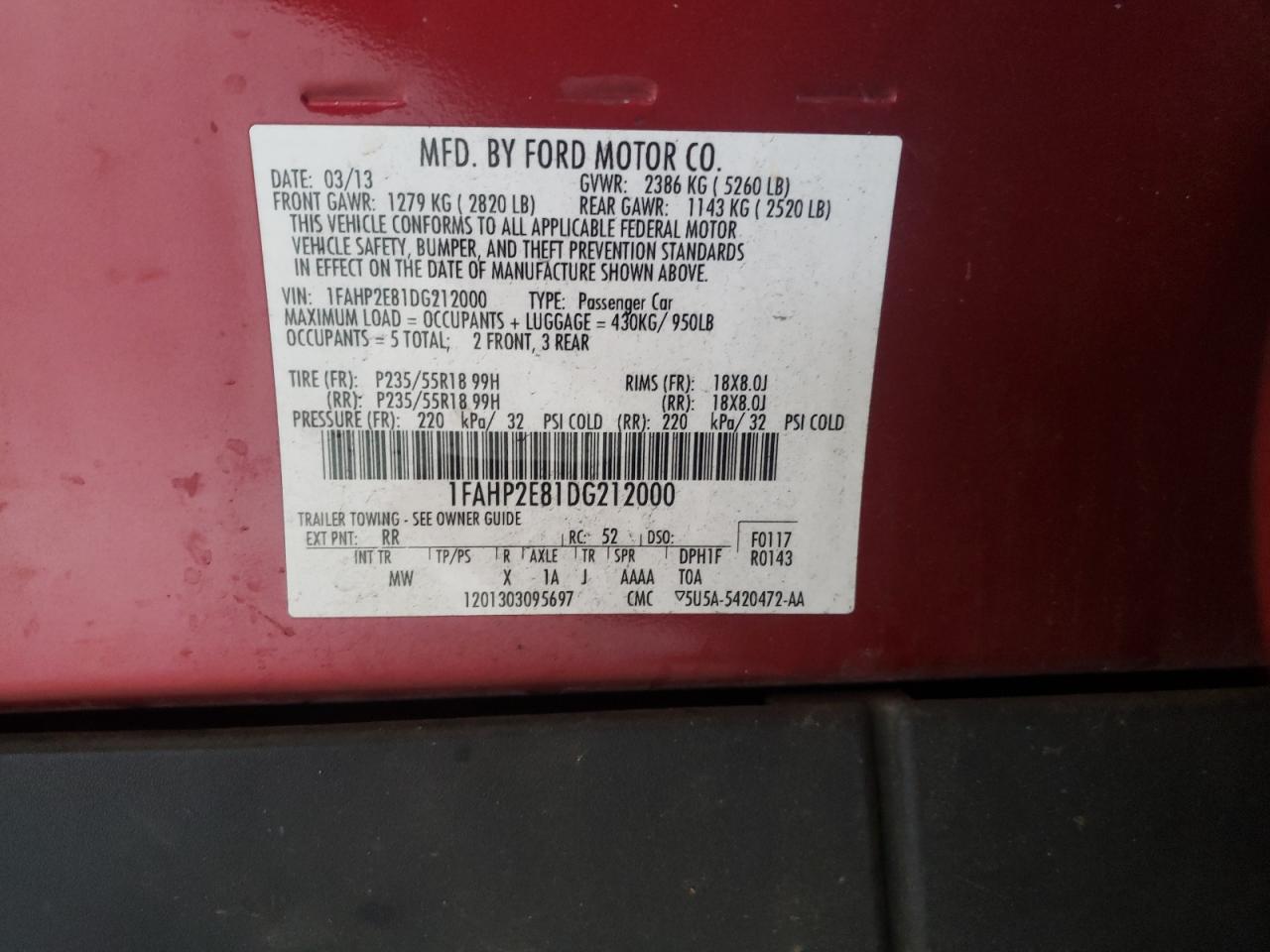 Photo 10 from auction – 2013 FORD TAURUS SEL with VIN 1FAHP2E81DG212000