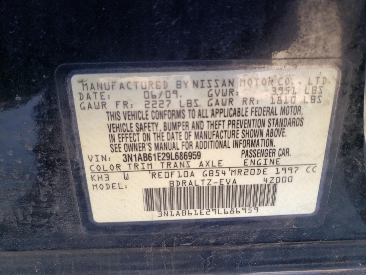 Photo 10 from auction – 2009 NISSAN SENTRA 2.0 with VIN 3N1AB61E29L686959