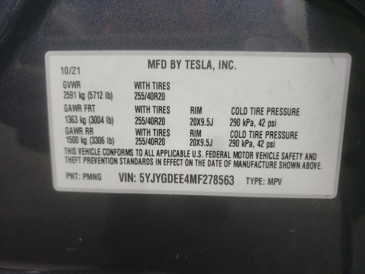 Photo 10 from auction – 2021 TESLA MODEL Y with VIN 5YJYGDEE4MF278563