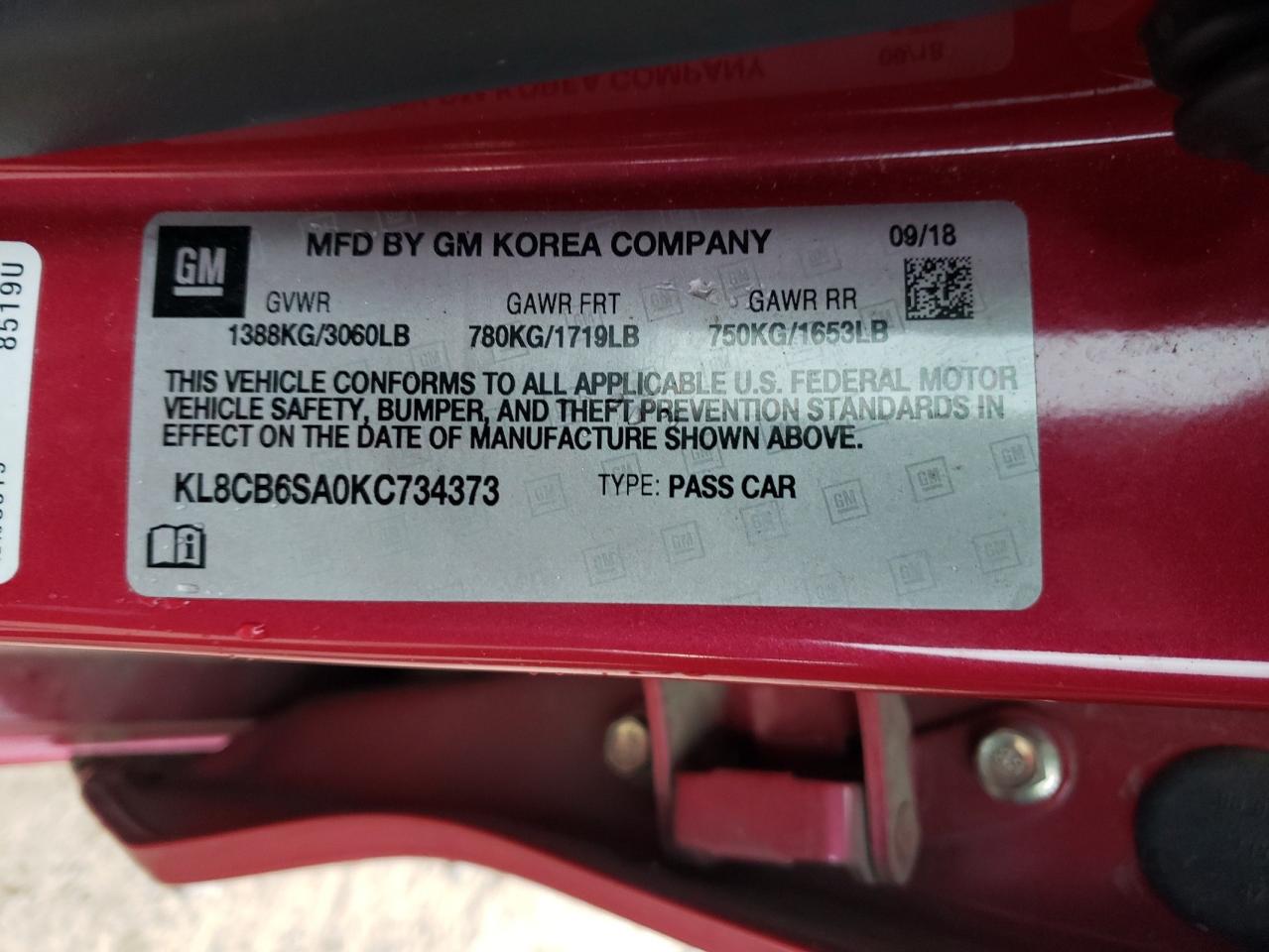 Photo 10 from auction – 2019 CHEVROLET SPARK LS with VIN KL8CB6SA0KC734373