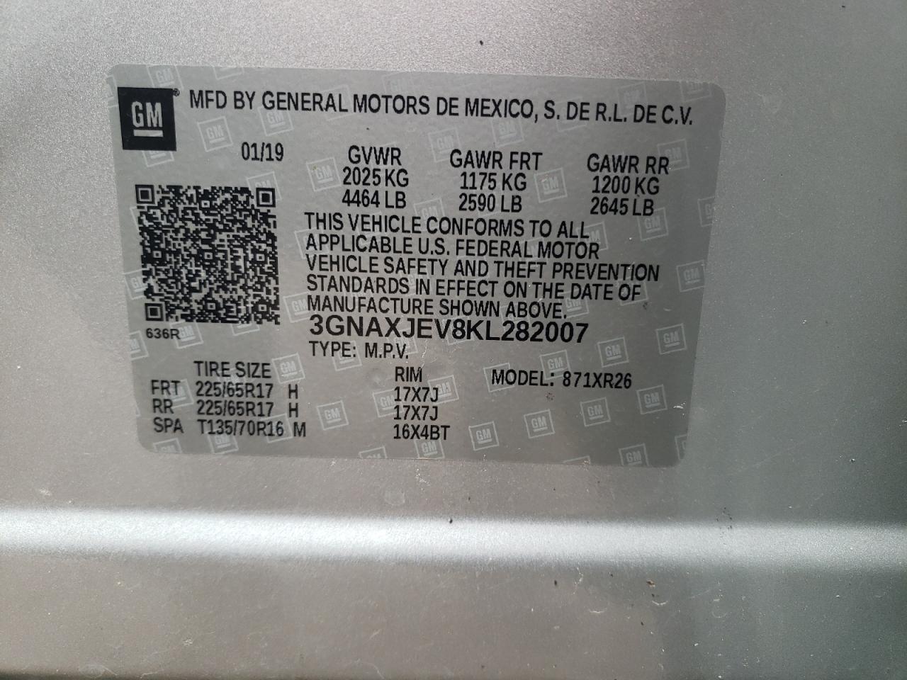 Photo 10 from auction – 2019 CHEVROLET EQUINOX LT with VIN 3GNAXJEV8KL282007