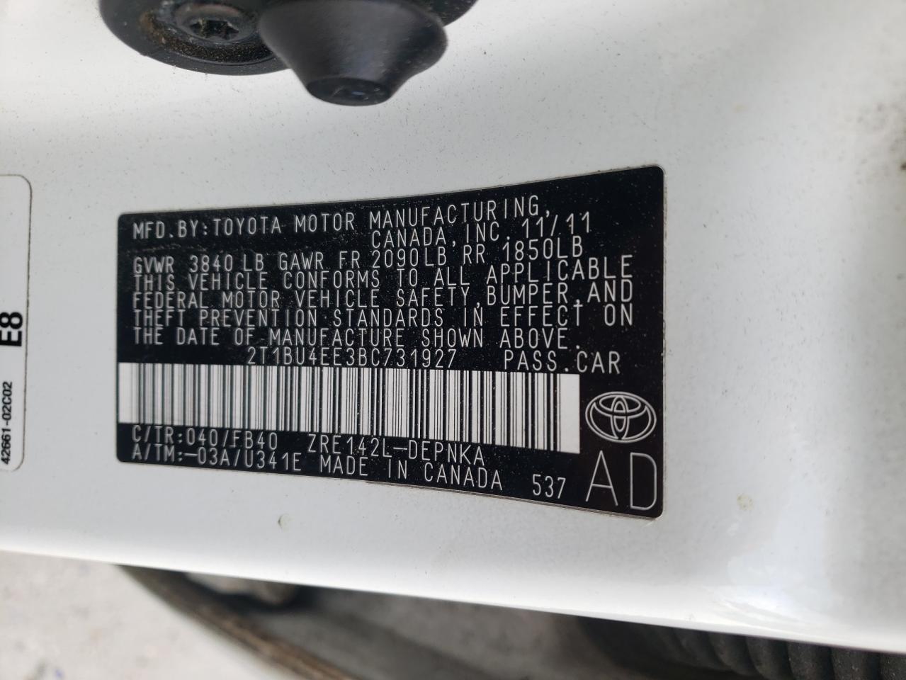 Photo 10 from auction – 2011 TOYOTA COROLLA BA with VIN 2T1BU4EE3BC731927