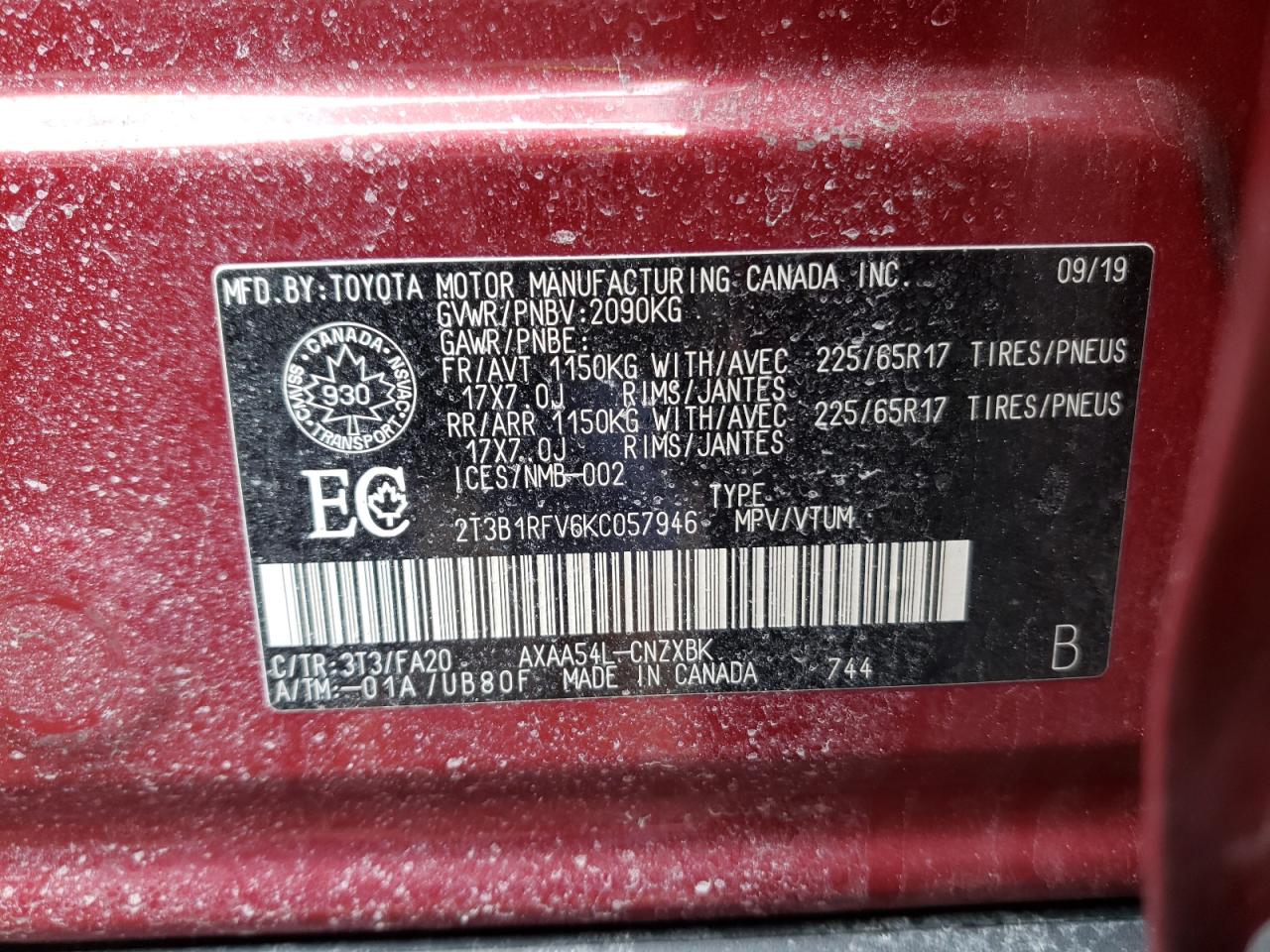 Photo 10 from auction – 2019 TOYOTA RAV4 LE with VIN 2T3B1RFV6KC057946