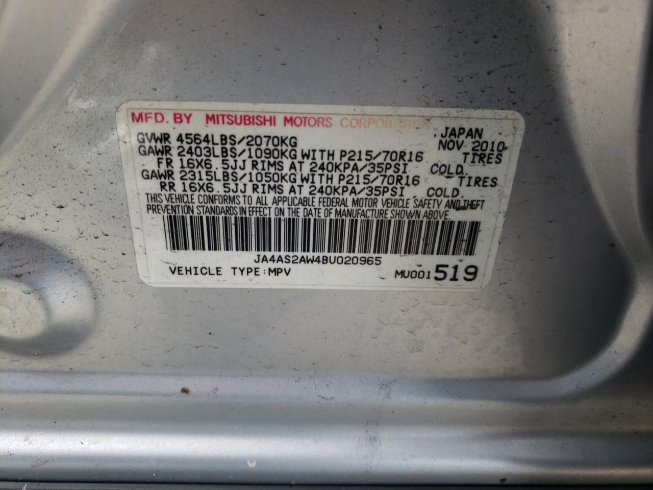 Photo 10 from auction – 2011 MITSUBISHI OUTLANDER with VIN JA4AS2AW4BU020965