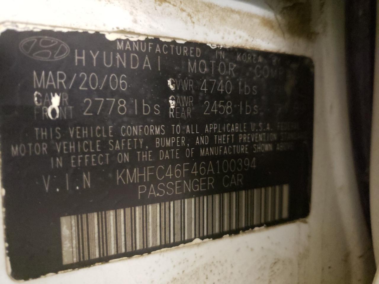 Photo 10 from auction – 2006 HYUNDAI AZERA SE with VIN KMHFC46F46A100394
