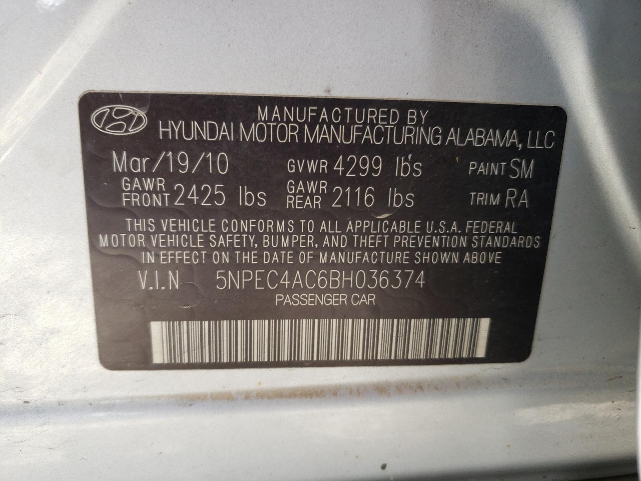 Photo 10 from auction – 2011 HYUNDAI SONATA SE with VIN 5NPEC4AC6BH036374