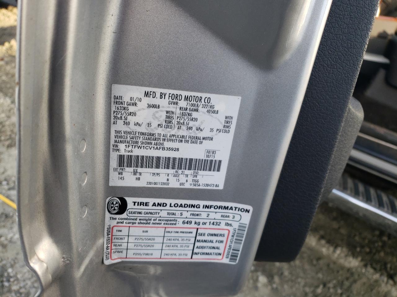 Photo 10 from auction – 2010 FORD F150 SUPER with VIN 1FTFW1CV1AFB35928