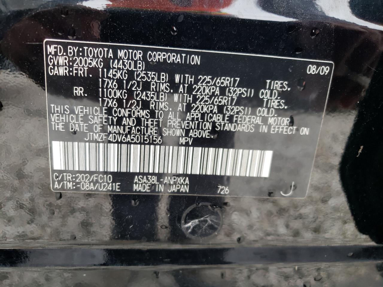 Photo 10 from auction – 2010 TOYOTA RAV4 with VIN JTMZF4DV6A5015156