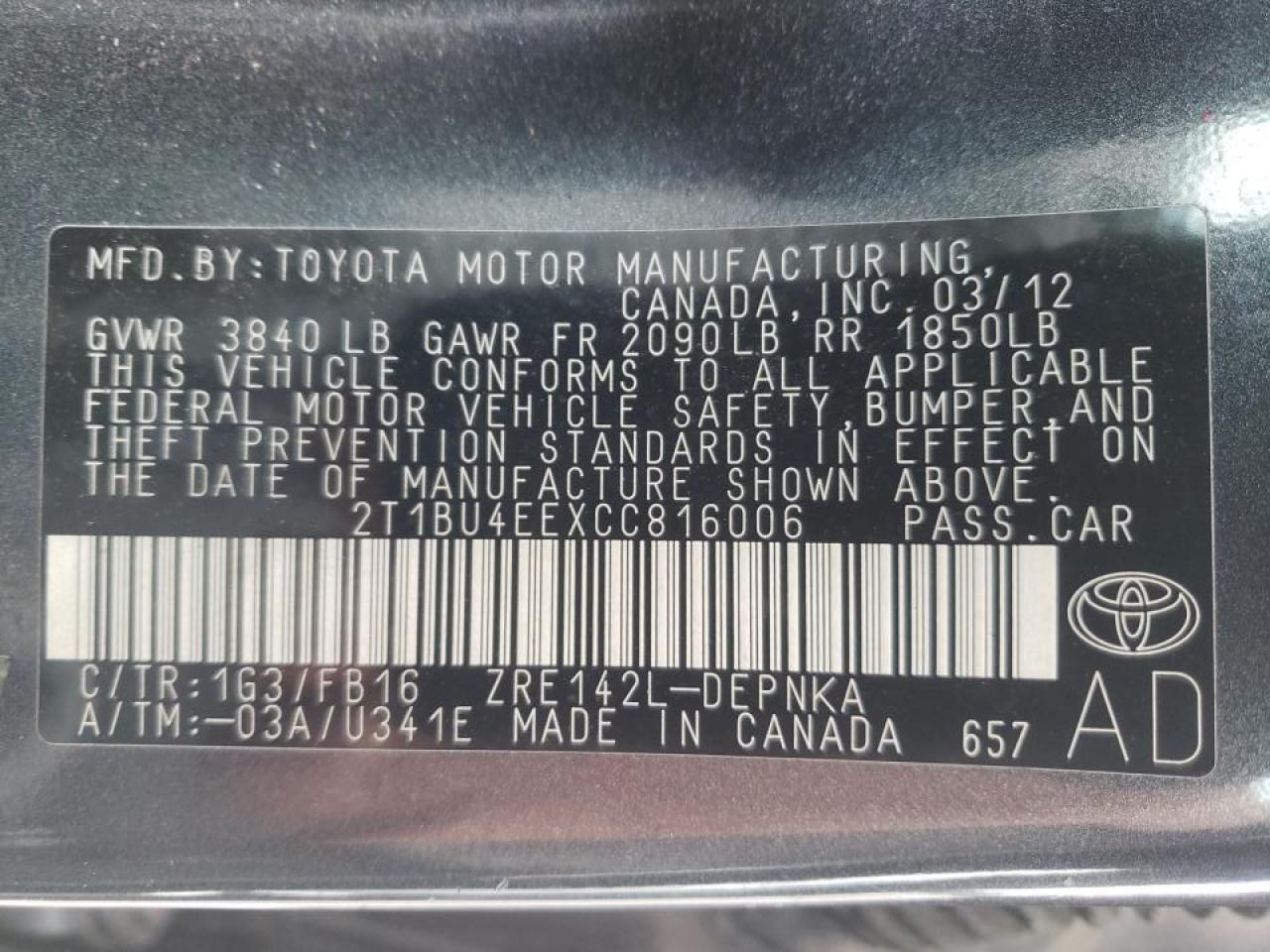 Photo 10 from auction – 2012 TOYOTA COROLLA BA with VIN 2T1BU4EEXCC816006