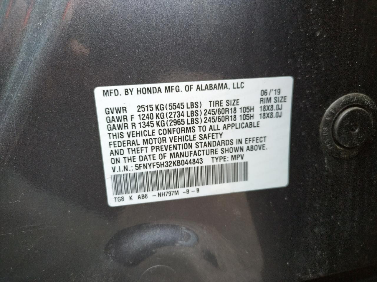 Photo 10 from auction – 2019 HONDA PILOT EX with VIN 5FNYF5H32KB044843