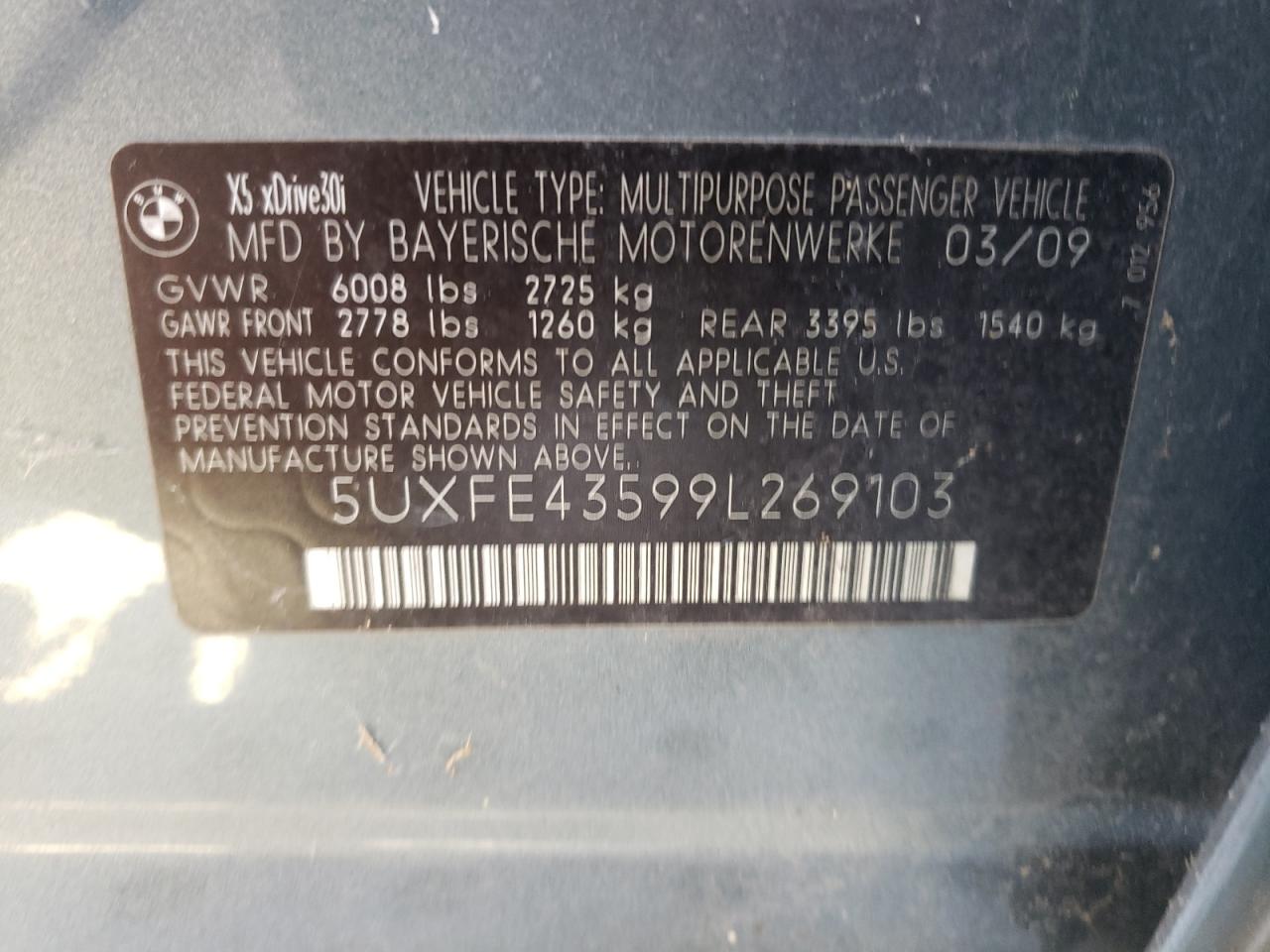 Photo 10 from auction – 2009 BMW X5 XDRIVE3 with VIN 5UXFE43599L269103