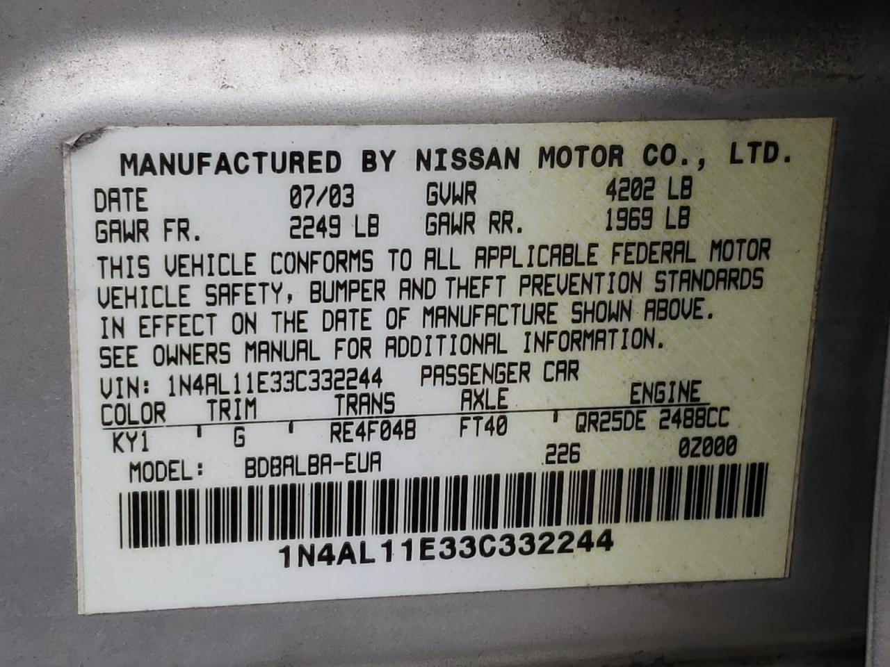Photo 10 from auction – 2003 NISSAN ALTIMA BAS with VIN 1N4AL11E33C332244