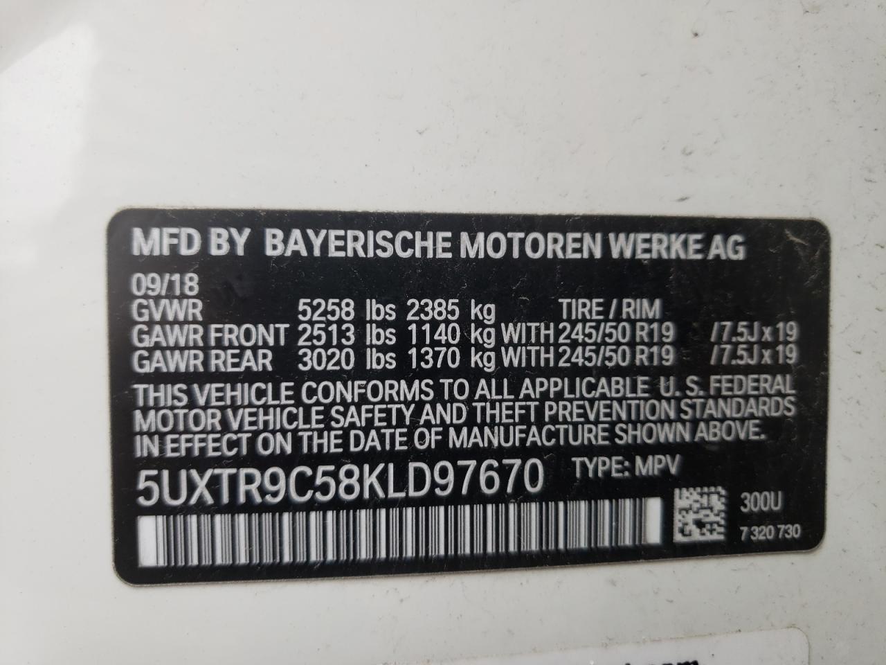 Photo 10 from auction – 2019 BMW X3 XDRIVE3 with VIN 5UXTR9C58KLD97670