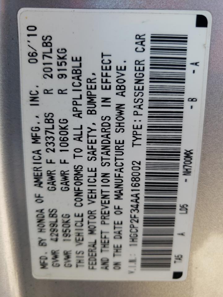Photo 10 from auction – 2010 HONDA ACCORD LX with VIN 1HGCP2F34AA168002
