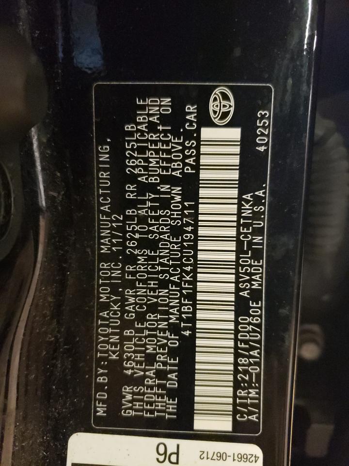 Photo 10 from auction – 2012 TOYOTA CAMRY BASE with VIN 4T1BF1FK4CU194711