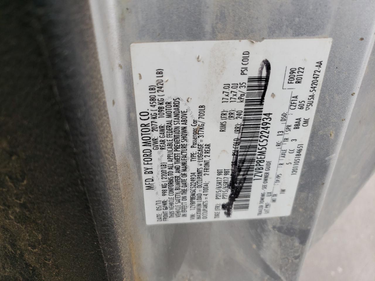 Photo 10 from auction – 2012 FORD MUSTANG with VIN 1ZVBP8EM5C5224934